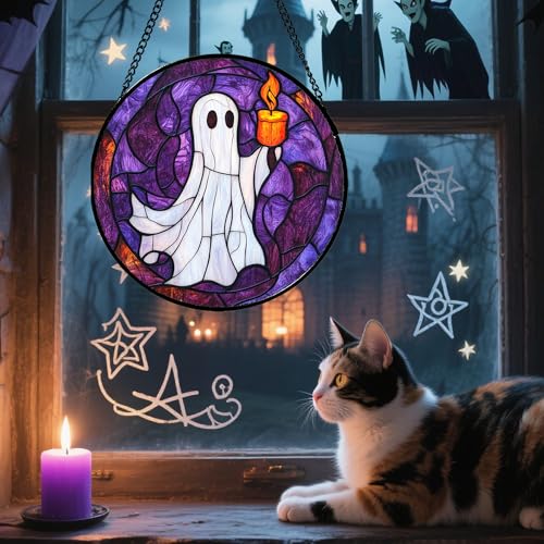 Image of Stained Glass Window Hanging - Halloween Decorations Ghost Suncatcher for Doors Garden Indoor Spooky Funny Purple Sun Catchers Gothic Decor Horror Gifts for Women Men Friend 9.8 in
