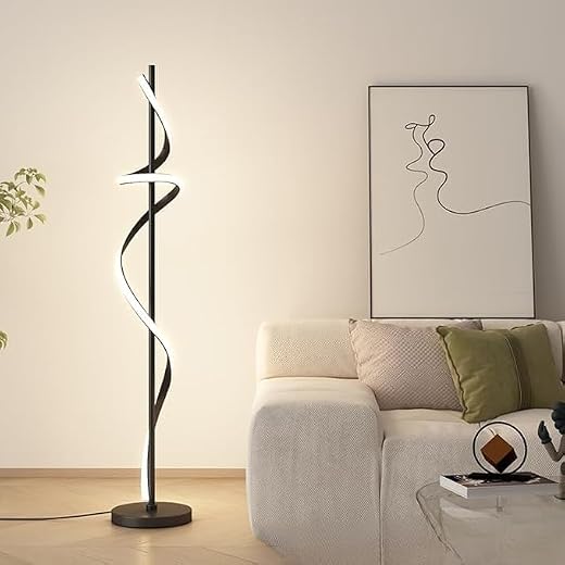 Décor Chronicle Black Modern Floor Lamp, Spiral Rod Design with 3 LED Modes (Warm, Neutral, Cool), Elegant Standing Lamp f...