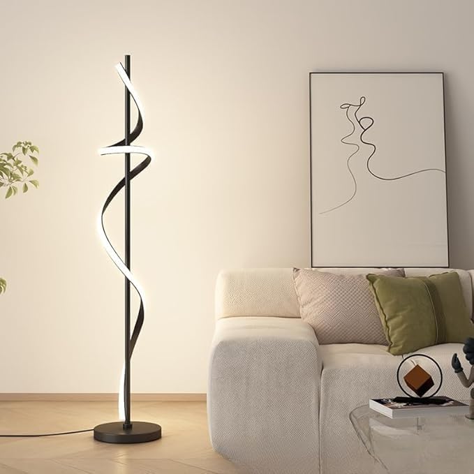 Image of Decor Chronicle Black Modern Floor Lamp, Spiral Rod Design with 3 LED Modes (Warm, Neutral, Cool), Elegant Standing Lamp for Bedroom, Living Room, or Home Interior