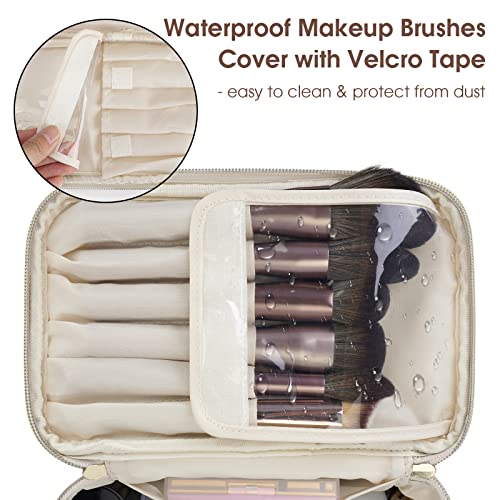 Travel Makeup Bag with Brush Compartment, Large Cosmetic Bags, PU Leather Makeup Case with Handle - Image 2