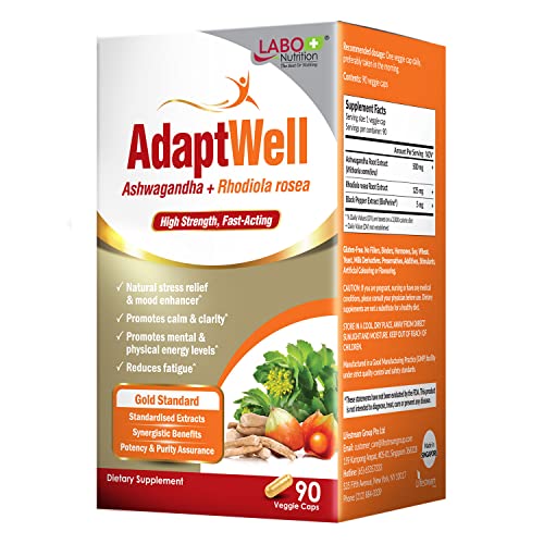Labo Nutrition Adaptwell Ashwagandha Root Extract >7% Withanolides (35Mg), Rhodiola Rosea Extract >5% Rosavins & Bioperine, For Relax, Adrenal, Immune & Thyroid Support, 90 Counts #TOP19