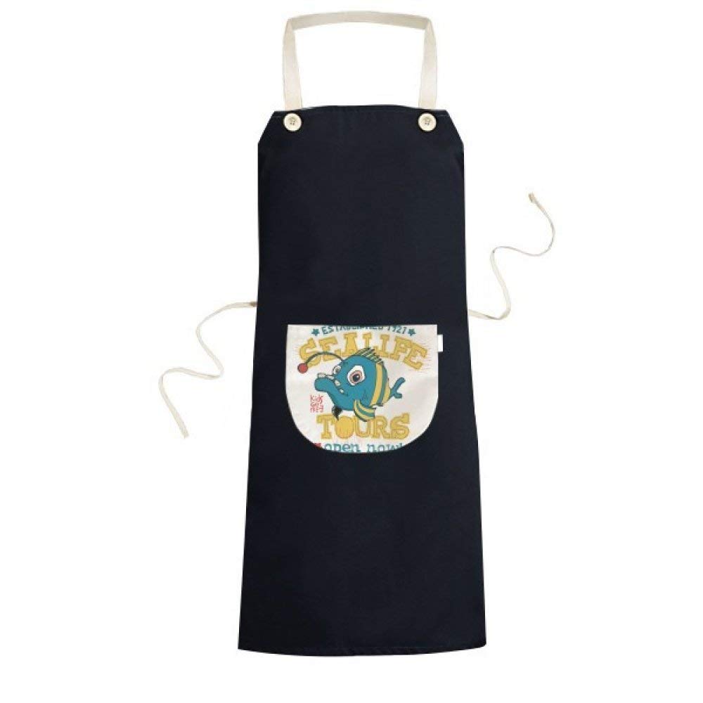 Tablier noir poisson lanterne bleu jaune avec poche réglable pour cuisine