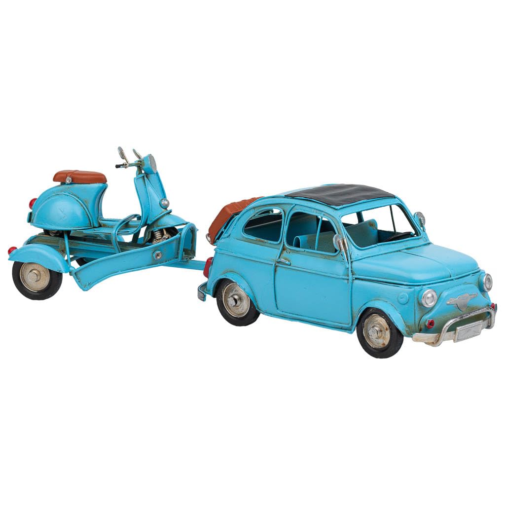 WANDERLUST DECO Coche de remolque con Moto de Metal Azul 34x10x10.5