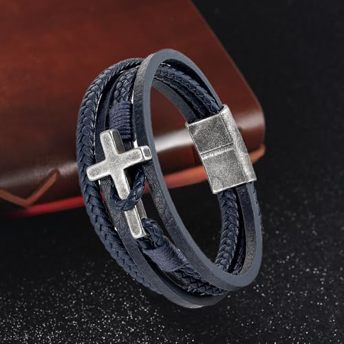 Cross Bracelet for Men Black/Brown/Blue Braided Leather Religious Bracelet with Stainless Steel Silver Cross Charm Stylish Christian Jewelry 21 cm / 8.26 inches4