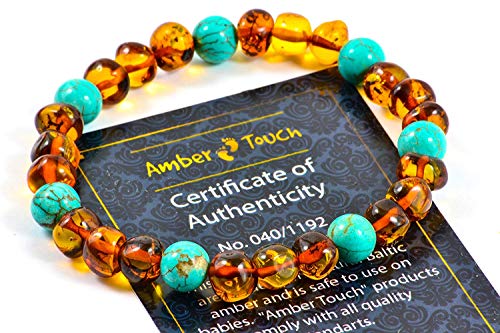 Baltic Amber Bracelet for Adults Made on Elastic Band- Natural Amber from Baltic Region, Genuine Baltic Amber (Turquoise, 7.5 inch)