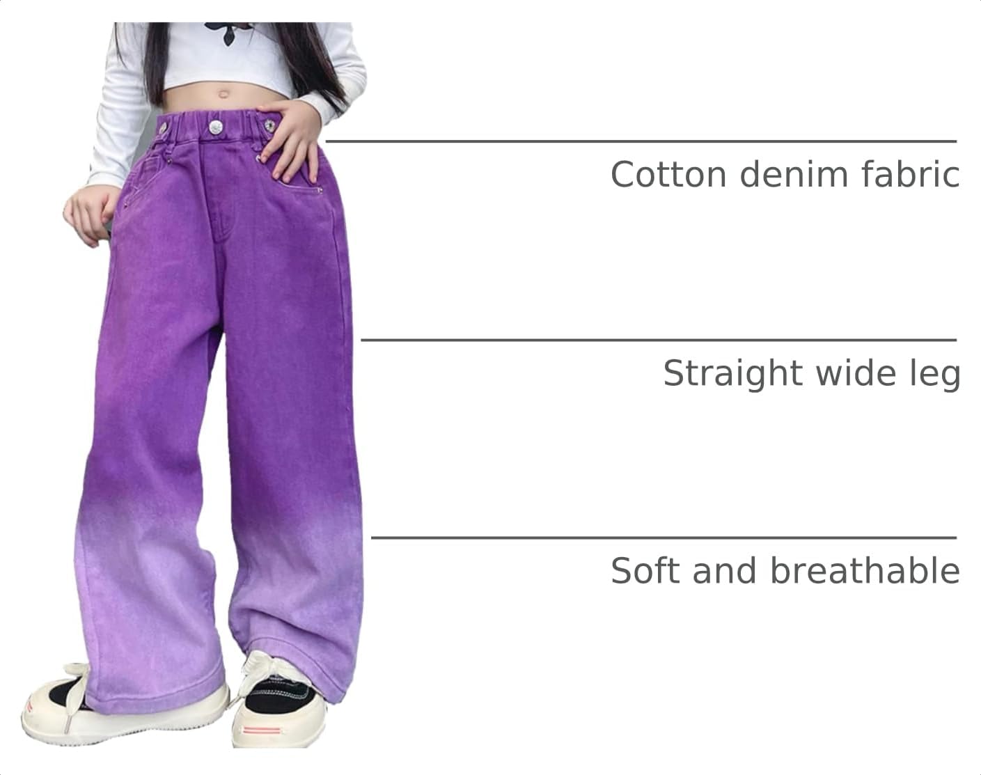 Girls Jeans Baggy Wide Leg High Rise Denim Pants with Pockets