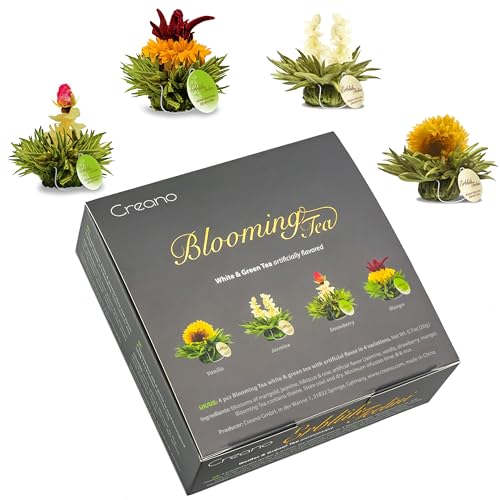 Creano 4 tea Flowers in elegant Gift Box - Blooming Tea White & Green Tea in Cup Size