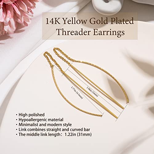 NOKMIT Threader Earrings for Women 14K Gold Tone Long Lightweight Dangle Drop Earrings Dainty Curved Bar Thin Chain Threads Hypoallergenic Jewelry Gifts2