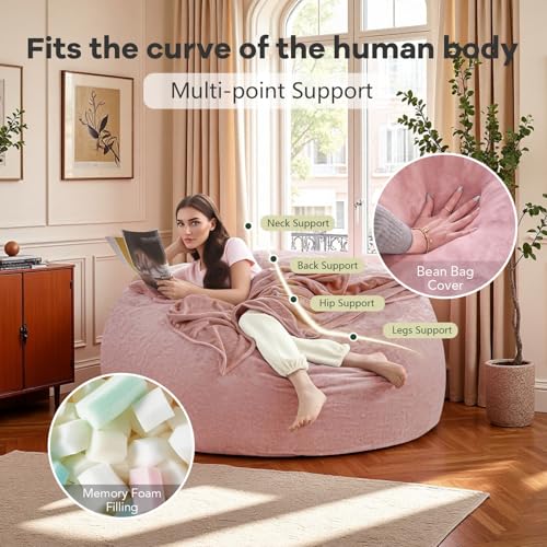 Image of Extra Large Bean Bag Chairs for Adults，5FT,Bean Bags with Filler Included,Memory Foam Chair,Soft and Comfortable Jumbo Bean Bag,Leisure Chair Suitable for Bedroom and Balcony Dormitory (Pink, 5 Foot)