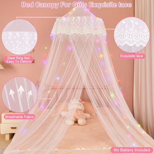 Unicorn Castle Bed Canopy for Girls Princess Canopy Bed Curtains Room Decor Dome Bed Net Canopy with Timed Light Bedroom Decor, White