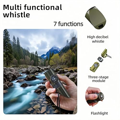 Emergency 7-in-1 Survival Whistle Kit:120dB Loud Safety Whistle with Compass,Thermometer, LED Light,Signal Mirror & Waterproof Case for Outdoor Adventures Fire Starter for Hiking/Camping/Water Safety - Image 5