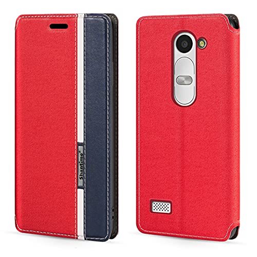 Shantime Classic Stripes Faux Leather Flip Case Compatible with LG Leon LTE, Invisible Magnetic Cover with Card Slot, Contrast Color Design(Red)