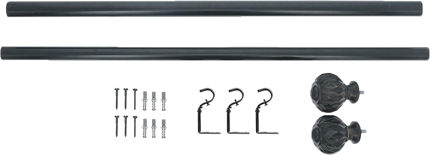 Meriville 3/4" Diameter Single Window Curtain Rod, Castani Finial, 48-inch to 84-inch Adjustable, Black