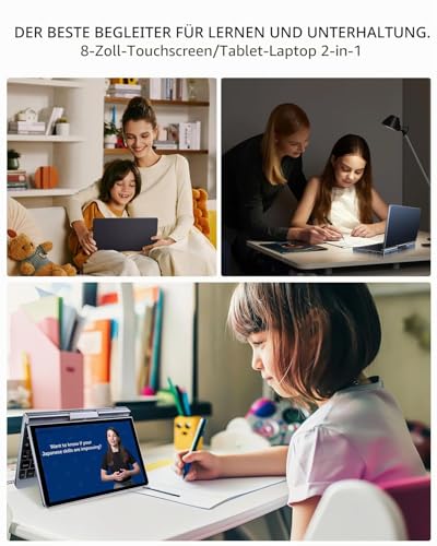 KOOFORWAY 8-Zoll 2-in-1 Mini-Laptop mit QWERTZ-Tastatur, drehbarem HD-Touchscreen & Stiftunterstützung, Win 11 Pro, N150, 12GB RAM, 512GB SSD, Wi-Fi 6, BT 5.2, HDMI, Typ-C, 2MP Kamera
