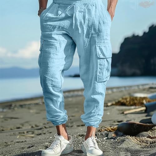 ZOCANIA Mens Linen Cargo Pants Casual Elastic Waist Drawstring Trousers with Multi Pockets Baggy Sweatpants for Men2