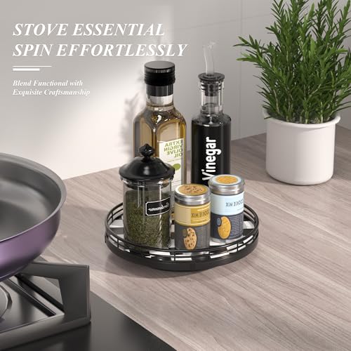 Image of Black and White Kitchen Lazy Susan Turntable - Checkered Round Decorative Tray, 9 inch Table Top Oak Wood Lazy Susan for Cookies, Dining Table Organizer, Small Kitchen Table Centerpiece