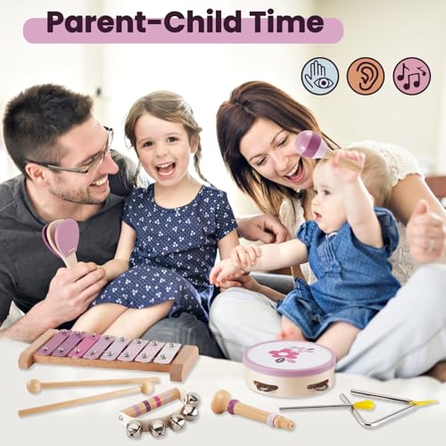 BUYGER Musikinstrumente für Kinder aus Holz ab 1 Jahre, mit Xylophon Schlagzeug, Baby Percussion Instrumente, Montessori Spielzeug Holzspielzeug, Geschenk für Kinder Mädchen 1-3 Jahre