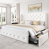 LARMACE Queen Size Bed Frame with 4 Storage Drawers and Wingback Headboard Velvet Upholstered Platform Bed Frame Tufted Beds with Wooden Slats Support, Easy Assembly, White