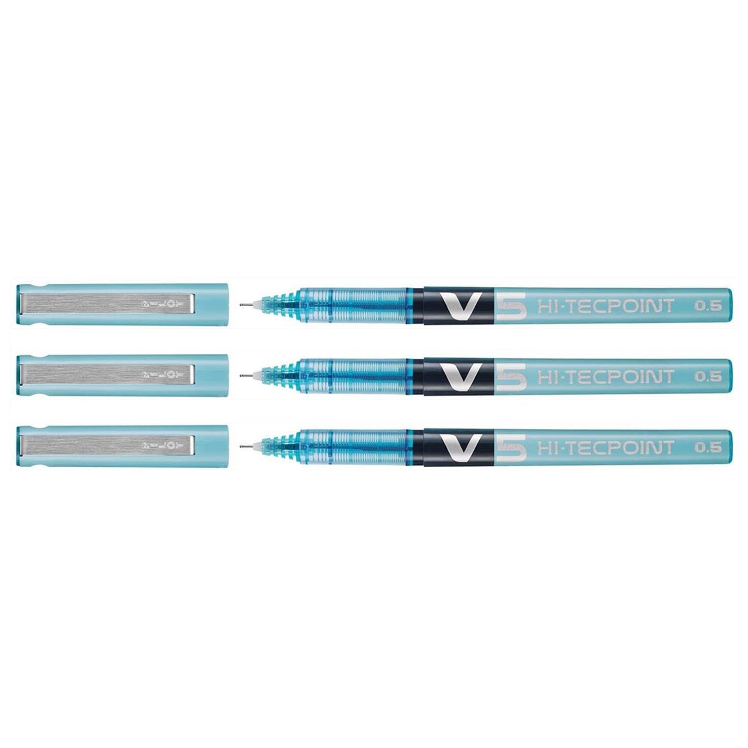 Pilot V5 Hi-Tecpoint Liquid Ink Rollerball Pen Pack of 3 Thin Turquoise Paste