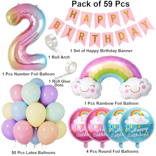 Image of 2nd Birthday Decoration Kit with Rainbow Foil Balloon, Number 2 Foil Balloon, Two Year Bday Party Foil Balloons and Pastel Latex Balloons for Party Decoration Set of 59 Pcs