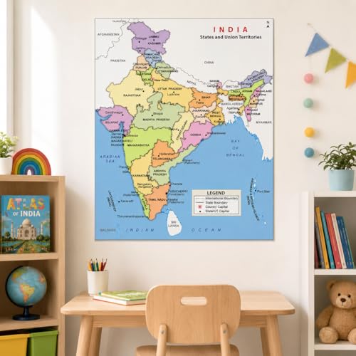Image of SAF India Political Map Wall Art | States & Union Territories with Capitals | Educational Geography Chart Vinyl Poster for Home, School & Office Decor 12 Inch x 18 Inch
