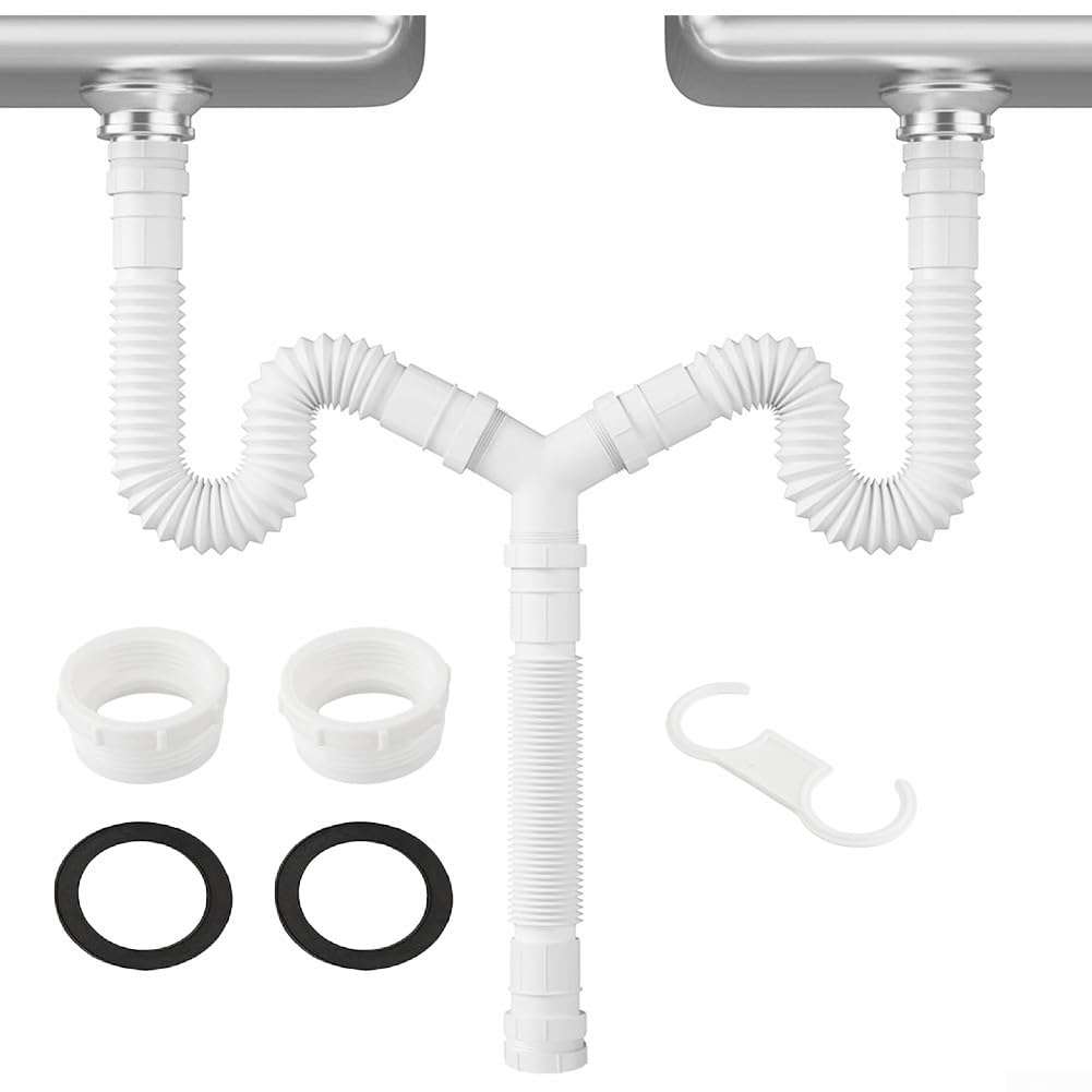 Besttoolifes Kit di scarico doppio per lavello, regolabile, 20-80 cm, flessibile, con adattatori G1-1/2 e G1-1/4, costruzione in PE per lavelli da bagno e cucina