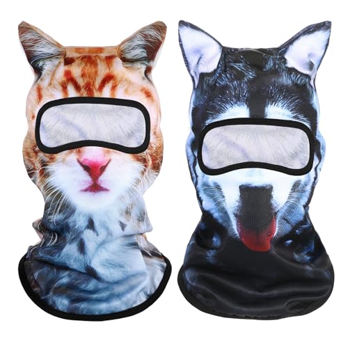 Shyyween 3D Cat Ski Mask Dog Balaclava Sheisty Winter Breathable Face Cover for Skiing Snowboarding Motorcycle Riding(2 Pcs,Yellow Cat and Husky)