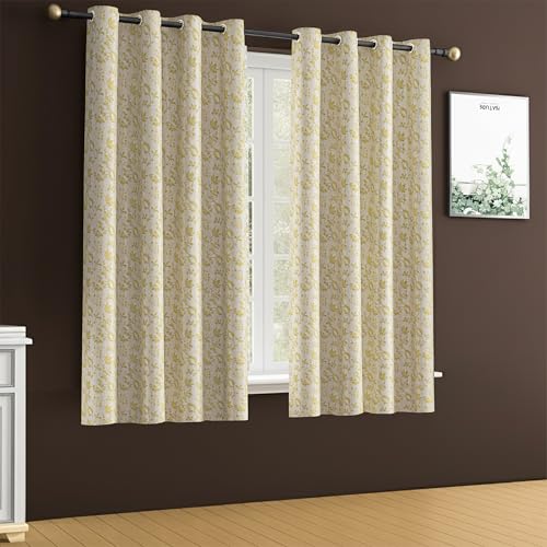 Image of Yellow Weaves 1 Pc Jacquard Botanical Eyelet Window Curtain - Perfect for Home, Office, Bedroom, Living Room & Balcony - 5 Feet (Golden)