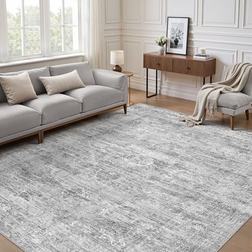 Grey Rug 9x12 Area Rug: Washable Boho Large Vintage Neutral Soft Rugs Stain Resistant Farmhouse Non-Slip Indoor Floor Carpet for Living Room Bedroom Playroom Office Dining Room Apartment Dorm