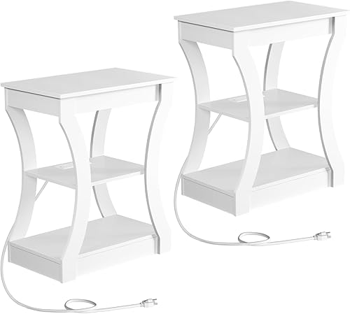 Miniatura 9 de Juego de 2 mesas auxiliares con estación de carga, mesa auxiliar con puertos USB y tomas, mesita de noche, mesita de noche de 3 niveles con estante