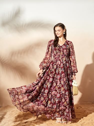 Image of Miss Chase Women's Multicolored-Base-Brown Relaxed Fit Maxi Lurex Chiffon Dress