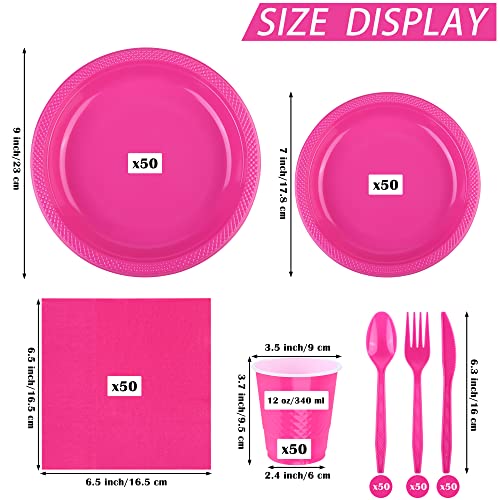 Adxco 350 Pieces Hot Pink Party Supplies Disposable Dinnerware Set Including Plastic Plates Cups Knives Forks Spoons Paper Napkins Serve 50 Guests For Birthday Wedding Graduation Parties #TOP1