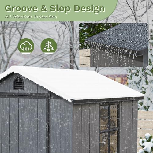 Image of Patiowell 4 x 4 FT Plastic Outdoor Storage Shed with Floor, Garden Tool Resin Shed with Two Windows and Lockable Door for Garden, Backyard, Lawn, Easy to Install, Dark Grey