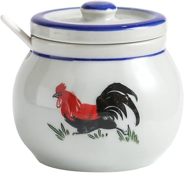 Hand-painted Retro Rooster Pattern Ceramic Condiment Pot Seasoning Jar Sugar Bowl Set with Lid and Spoon-Red-Bowl Set