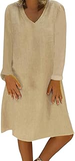 Moonuy Autumn Women's Dresses Solid Color Round Neck Long Sleeve Pleated Dress Casual Loose Knee-Length Loose Midi Dress Shirt Long Beach Dress Beach Elegant Maxi Dress Large Summer Dresses Skirt