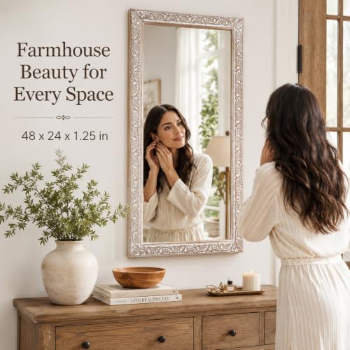 Image of Rustic Solid Wood Wall Mirror - Bathroom Vanity Mirror, Farmhouse Decorative Mirror for Home, Vertical & Horizontal Hanging, Wood Finish 48x24x1.25 inch White Antique