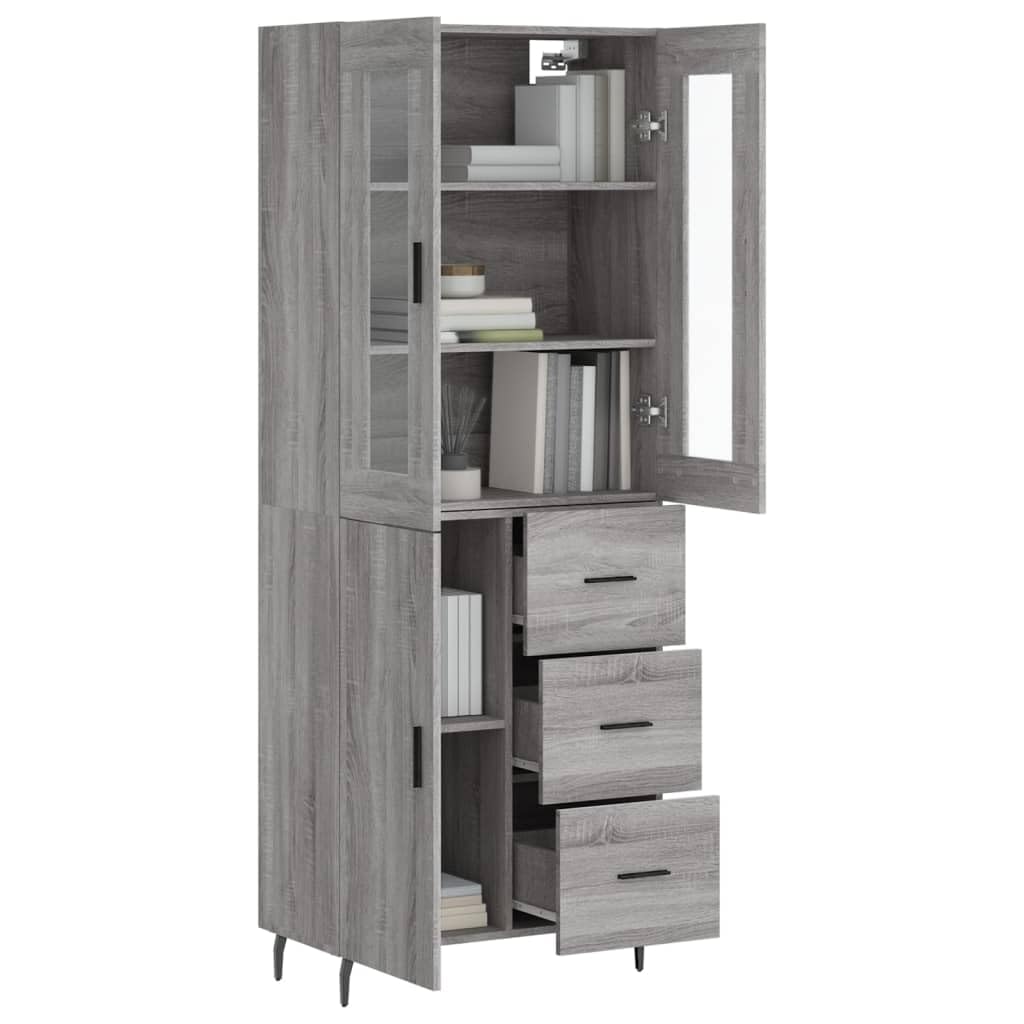Witrynka szary dąb sonoma 69,5x34x180cm materiał drewnopochodny wysoka szafka z przeszklonymi drzwiami do salonu jadalni przestronna witryna z metalowymi nogami stabilna