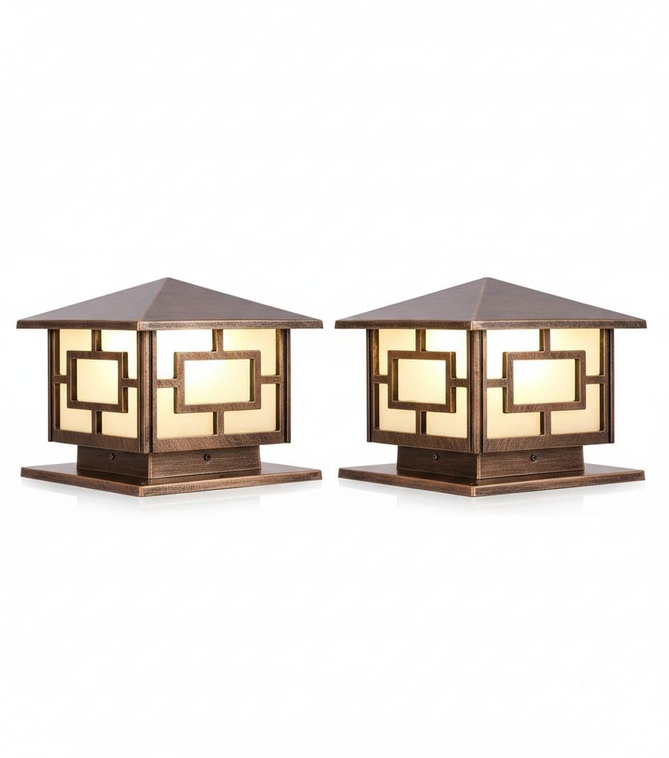 Outdoor Gate Light, Antique Finish, Geometric Design, E27 Holder Bulb Compatible, Warm White LED, Pack of 2-image-38
