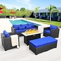 6 Pieces Patio Sofa Outdoor Chairs Outdoor Patio Furniture Outdoor Propane Fire Pit Table Patio Furniture Set Outdoor Fire Pits Anti-Slip Cushions Waterproof Covers(Blue)