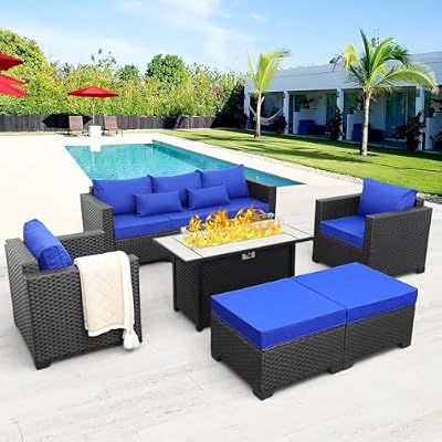 6 Pieces Patio Sofa Outdoor Chairs Outdoor Patio Furniture Outdoor Propane Fire Pit Table Patio Furniture Set Outdoor Fire Pits Anti-Slip Cushions Waterproof Covers(Blue)