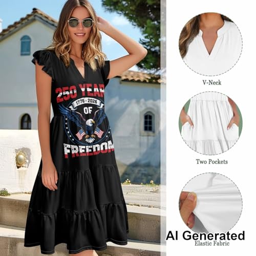 Image of Womens Summer Dress Ruffle Sleeve V Neck Dress Casual Fit Flowy Beach Vacation Sundress with Pocket S-2XL
