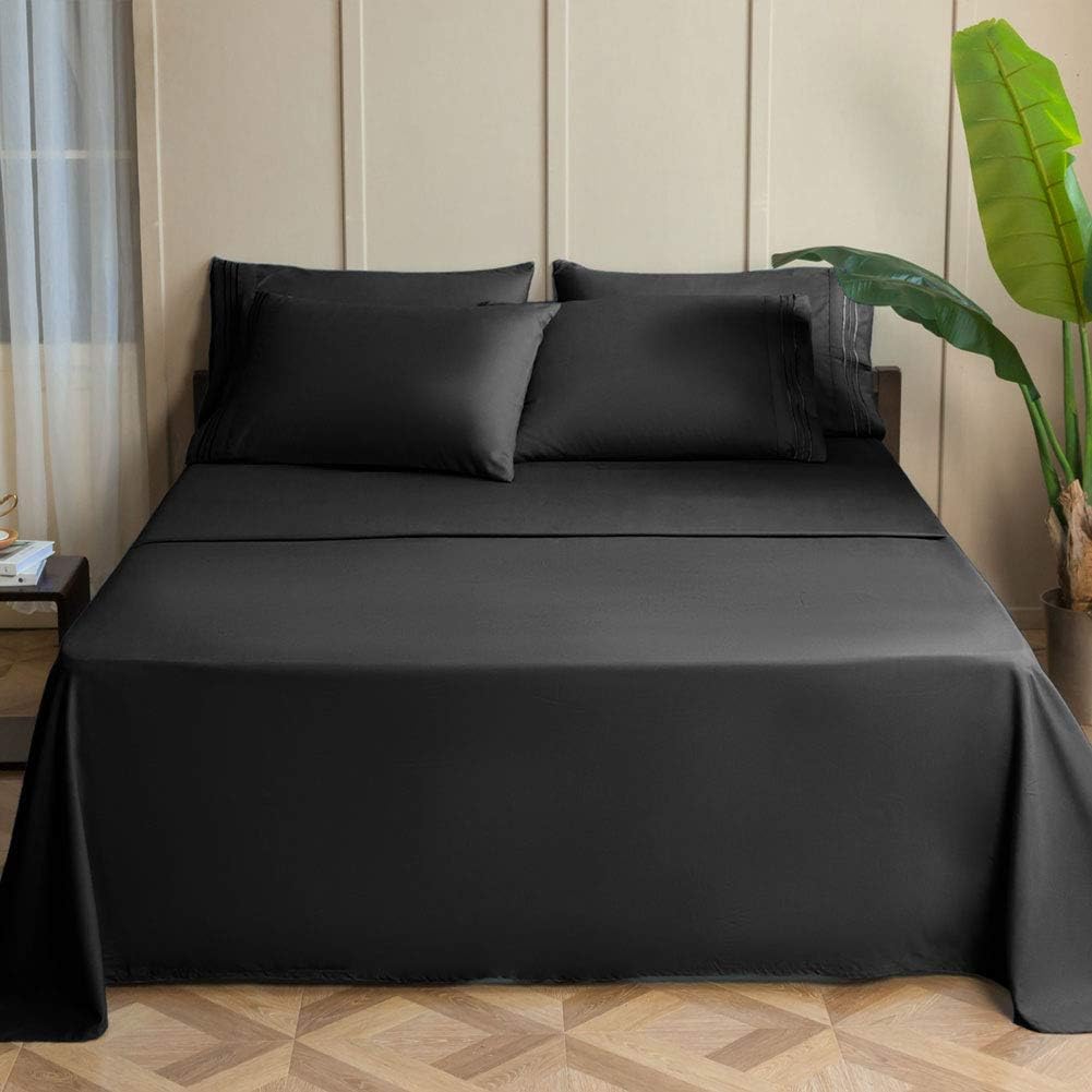 SONORO KATE Bed Sheet Set Super Soft Microfiber 1700 Thread Count Luxury Egyptian Sheets 16-Inch Deep Pocket，Wrinkle-4 Piece(Black, Full)