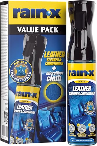 Rain-X Limpiador de Tapicerías de Cuero para Coche - Limpia, Nutre y Protege contra Manchas |- Repelente de Líquidos, Acabado Natural y Protección UV con Paño de Microfibra - 300 ml