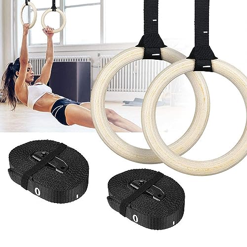 Image of Wooden Gymnastic Rings | 1100 lbs Load Capacity | Adjustable Buckle Straps | Calisthenics Equipment | Gym Rings for Pull Ups, Strength Training & Crossfit Home Workout for Men & Women