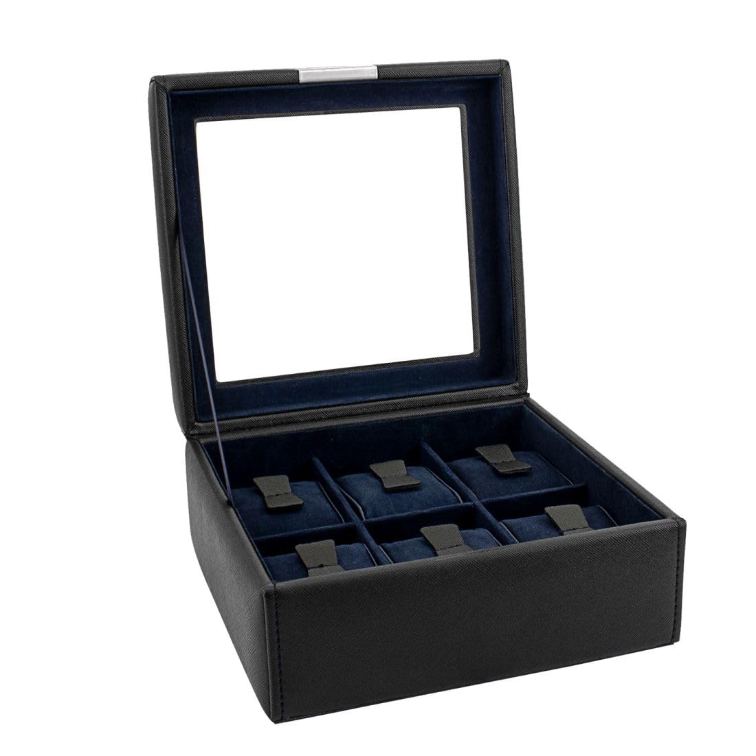 Friedrich23 Uhrenkoffer – Uhrenkasten Cross Grain mit Glasdeckel in schwarz – Platz für 6 Uhren – Feinsynthetik