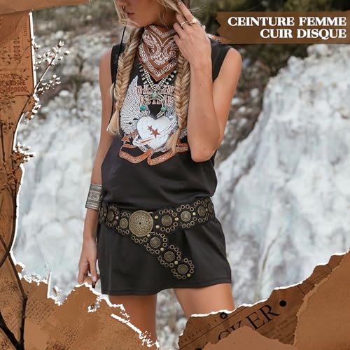 JASGOOD Ceinture Cowboy Femme à Large Disque en Cuir Boucle Métal Ronde Ceinture Western Réglable Grande Taille pour Robe Jeans,Noir(bronzé),Taille moins de 109cm(Longueur 125 cm) – vue 2