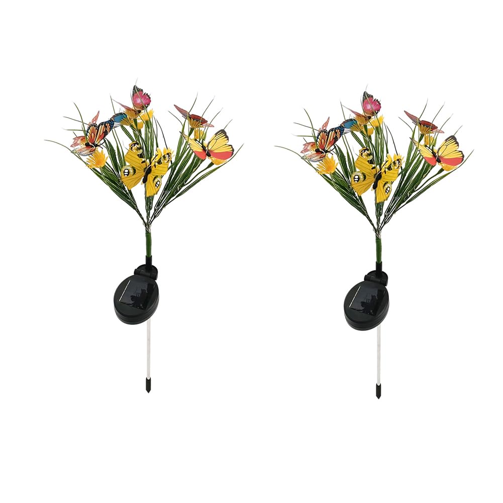 Bomkra Yellow 2Pcs Solar Lights - Outdoor Garden Stake With Daisy And Butterfly Solar Lights, Landscape Lighting For Yard, Lawn, Patio, Garden And Pathway Decoration (Yellow, 2Pcs)