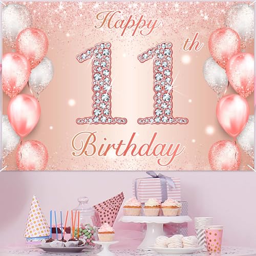 Image of Happy 11th Birthday Rose Gold Banner Cheers to 11 Years Old Backdrop Confetti Balloons Theme Decor for Girls 11 Years Old Pink Birthday Party Decorations Bday Supplies Background Favors Gift Glitter