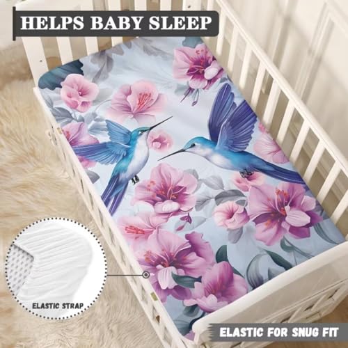 Image of Hummingbird Baby Sheets for Standard Crib Breathable Fitted Sheet Spring Bird Cribs Sheet Set for Girls Soft&Comfortable Mini Cribs Sets Baby Changing Pads Toddlers Gifts