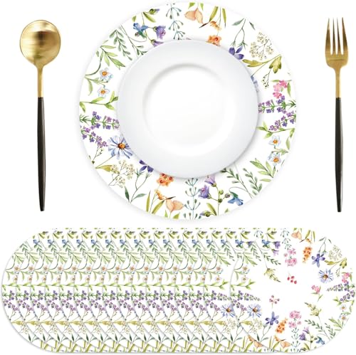 Lot de 50 Sets de Table en Papier Rond, Floral végétal Sets de Table Papier, Ø 34 cm, Printemps et été décoration pour Vacances, fêtes